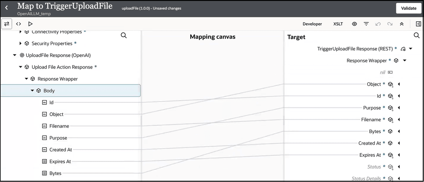 Three icons are shown at the top left. The Developer link, XSLT link, and six other icons are shown at the top right. Above these icons is the Validate icon. Below this, the Sources, Mapping canvas, and Target sections are shown. The source UploadFile Response (OpenAI) is expanded, and source Body elements are mapped to File Response Wrapper target elements. Three icons are shown at the top left. The Developer link, XSLT link, and six other icons are shown at the top right. Above these icons is the Validate icon. Below this, the Sources, Mapping canvas, and Target sections are shown. The source UploadFile Response (OpenAI) is expanded, and source Body elements are mapped to File Response Wrapper target elements.