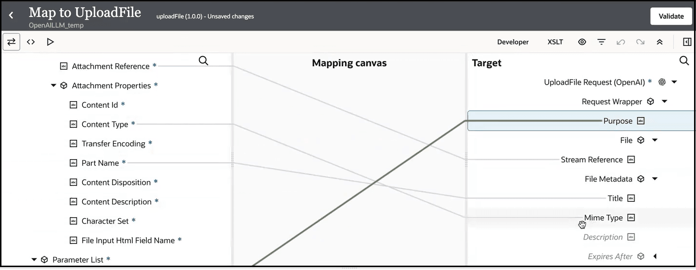 Three icons are shown at the top left. The Developer link, XSLT link, and six other icons are shown at the top right. Above these icons is the Validate icon. Below this, the Sources, Mapping canvas, and Target sections are shown. The source Attachment Properties is expanded, and source elements are mapped to File Metadata target elements. Three icons are shown at the top left. The Developer link, XSLT link, and six other icons are shown at the top right. Above these icons is the Validate icon. Below this, the Sources, Mapping canvas, and Target sections are shown. The source Attachment Properties is expanded, and source elements are mapped to File Metadata target elements.