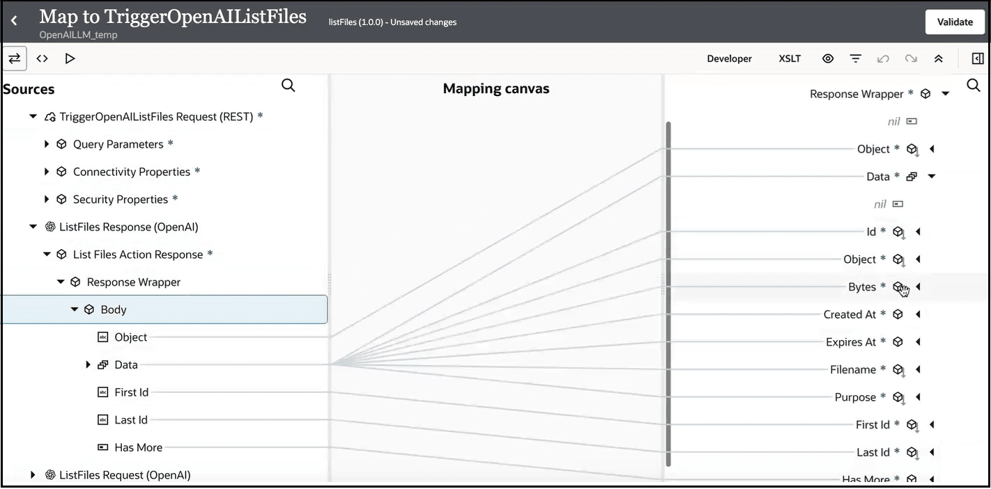 Three icons are shown at the top left. The Developer link, XSLT link, and six other icons are shown at the top right. Above these icons is the Validate icon. Below this, the Sources, Mapping canvas, and Target sections are shown. The source ListFiles Response (OpenAI) is expanded, and source Body elements are mapped to Response Wrapper target elements. Three icons are shown at the top left. The Developer link, XSLT link, and six other icons are shown at the top right. Above these icons is the Validate icon. Below this, the Sources, Mapping canvas, and Target sections are shown. The source ListFiles Response (OpenAI) is expanded, and source Body elements are mapped to Response Wrapper target elements.