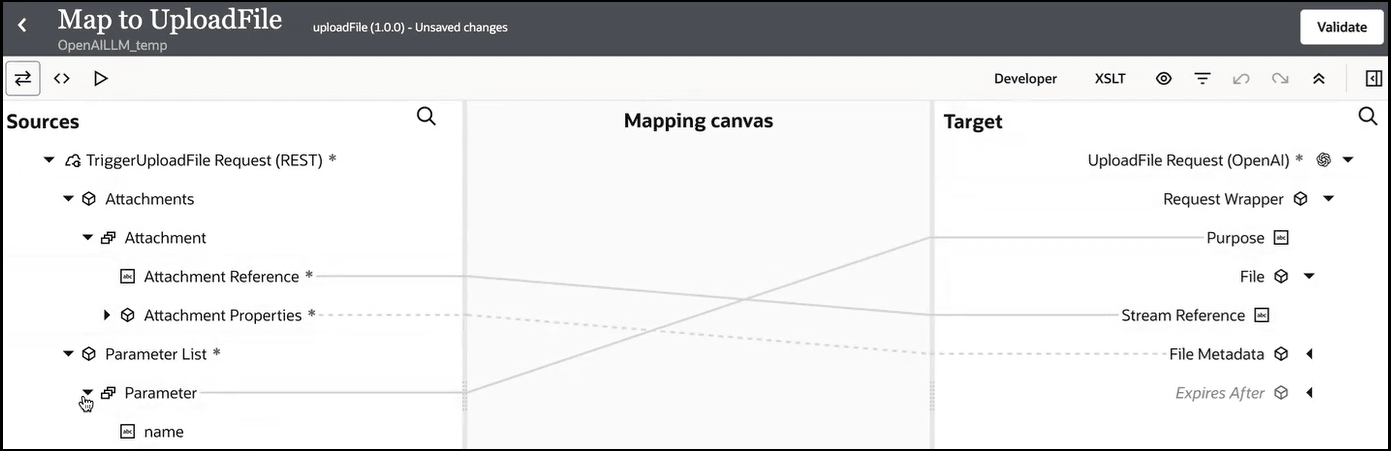 Three icons are shown at the top left. The Developer link, XSLT link, and six other icons are shown at the top right. Above these icons is the Validate icon. Below this, the Sources, Mapping canvas, and Target sections are shown. The source Attachment Reference is mapped to the target Stream Reference. The source Parameter is mapped to the target Purpose.