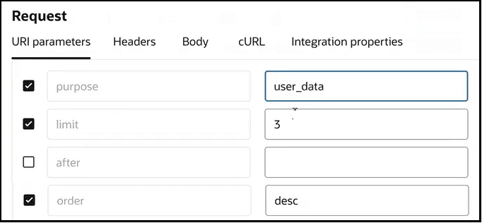 The Request section includes tabs for URI parameters (which is selected), Headers, Body, cURL, and Integration properties. The purpose, limit, after, and order parameters are shown. Values are defined for purpose, limit, and order.