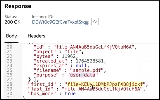 The Response section shows a status of 200 and the instance ID. below this is the Body tab (which is selected) and the Headers tab. The Body tab shows the output returned from running the integration.