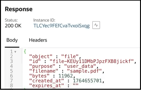 The Response section shows a status of 200 and the instance ID. below this is the Body tab (which is selected) and the Headers tab. The Body tab shows the output returned from running the integration.