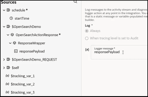 The Sources section shows the elements tree. OpenSearchDemo is expanded to shown responsePayload. On the right the logger message shows responsePayload.