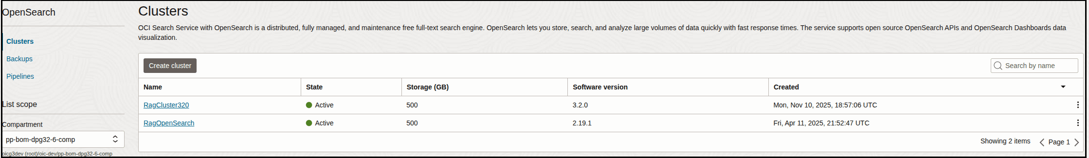 The Clusters page shows a Create Cluster button and a Search by name button. Below this is a table with columns for Name, State, Storage (GB), Software version, and Created.