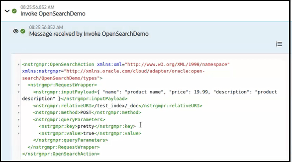 The activity stream shows Invoke OpenSearchDemo expanded. the XML of the message received by this invoke is shown.