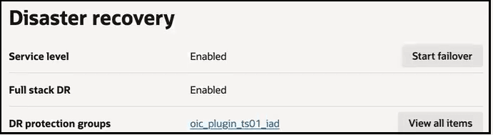 The Disaster recovery section shows the Service level field with a value of Enabled. The Start failover button appears to the right. Below this the DR protection groups field shows one configured protection group. The View all items button appears to the right.