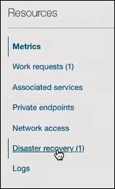 The Disaster recovery option is shown as being selected from the Resources section.