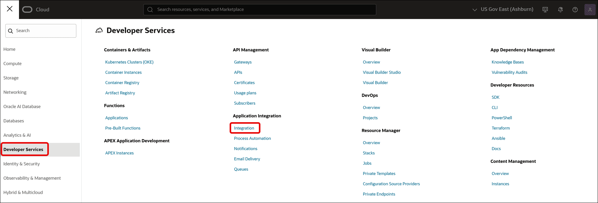 This image shows the navigation pane on the left side of the page. It shows categories such as Home, Compute, Storage, Networking, Oracle AI Database, Databases, Analytics & AI, Developer Services, Identity & Security, Observability & Management, and Hybrid & Multicloud. The Developer Services category is selected and highlighted. On the remaining portion of the page on the right side, the following subcategories are displayed under the Developer Services category as headings: Containers & Artifacts, Functions, APEX Application Development, API Management, Application Integration, Visual Builder, DevOps, Resource Manager, App Dependency Management, Developer Resources, and Content Management. The first item below the Application Integration subcategory is Integration. This first item is highlighted to indicate that this is the option to be selected.
