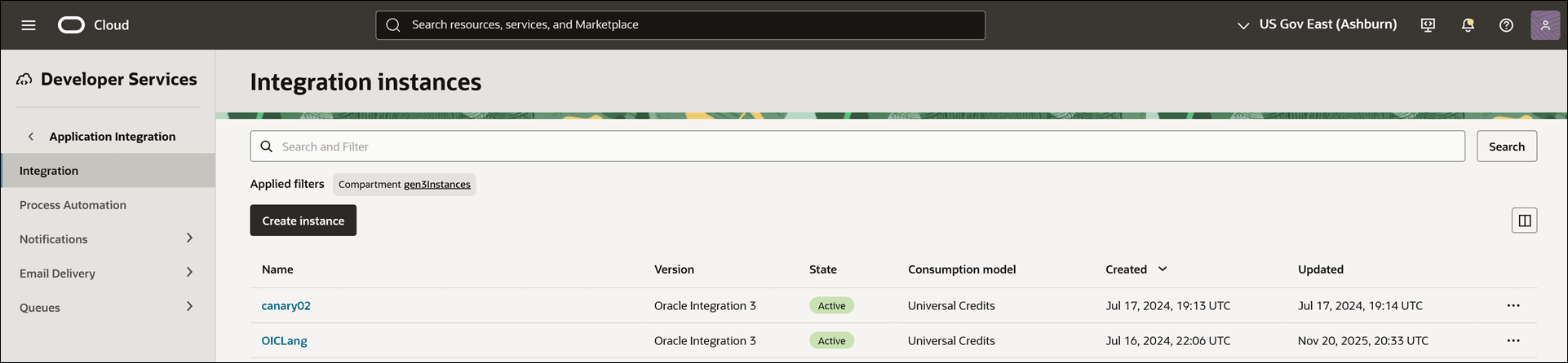 This image shows the Integration instances page. On the left side, all the options under the Application Integration subcategory are listed, and the Integration option is selected. On the Integration instances page, a compartment is selected, and all the instances available in that compartment are listed in a table with columns such as Name, Version, State, Consumption model, Created, and Updated. Each row has an Actions menu to perform more actions. Above the list of instances, the Create instance button is available. At the top of the page, there is an option to search and filter instances.
