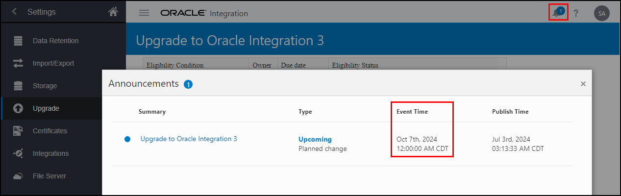 Announcements dialog showing "Upgrade to Oracle Integration 3" announcement with Event Time highlighted, described in text