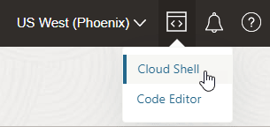 This image shows the region selection dropdown list (Phoenix is selected), the Cloud Shell icon, and three other icons. This image shows the region selection dropdown list (Phoenix is selected), the Cloud Shell icon, and three other icons.