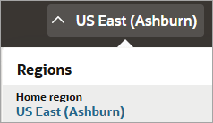The regions drop-down is expanded. The selected region is identified as the home region.