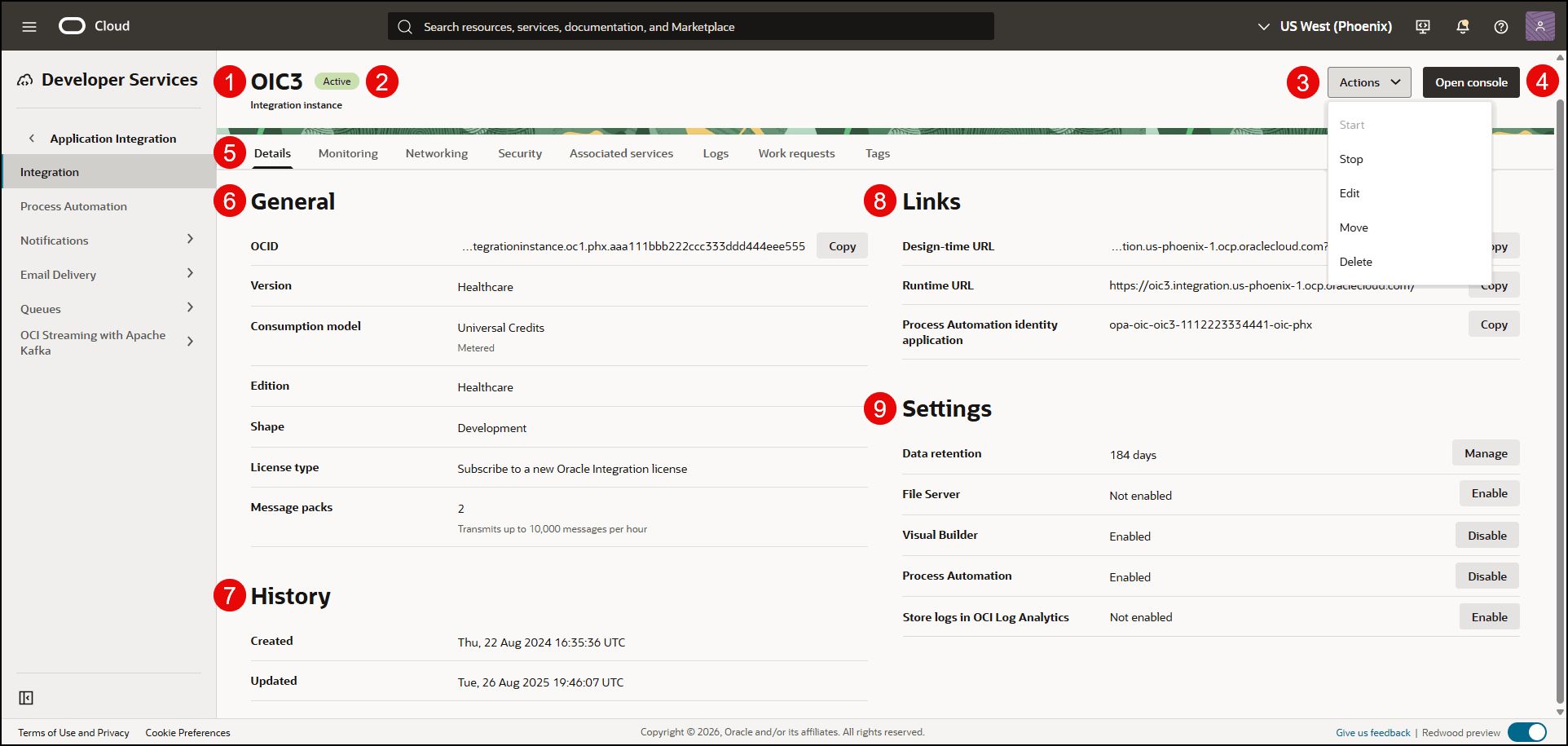 Oracle Cloud Console Integration instance details page (described in table below)