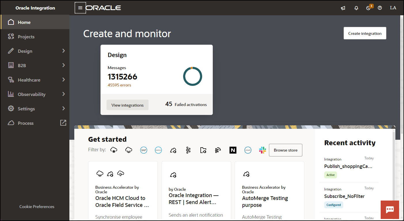 Screenshot of Oracle Integration 3, with the text "Create and monitor" at the top of the right pane