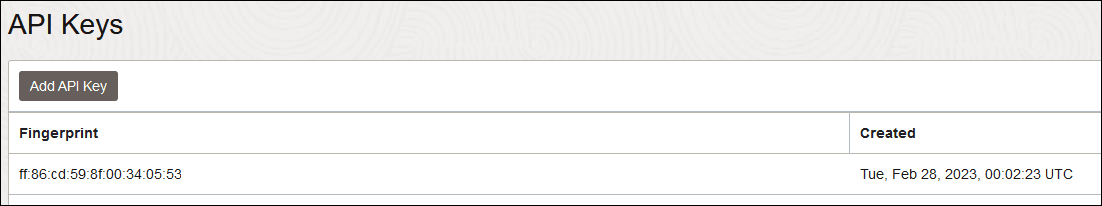 The API keys dialog shows a link for Add API Key. Below is a table with the finger print value and the time at which it was created.