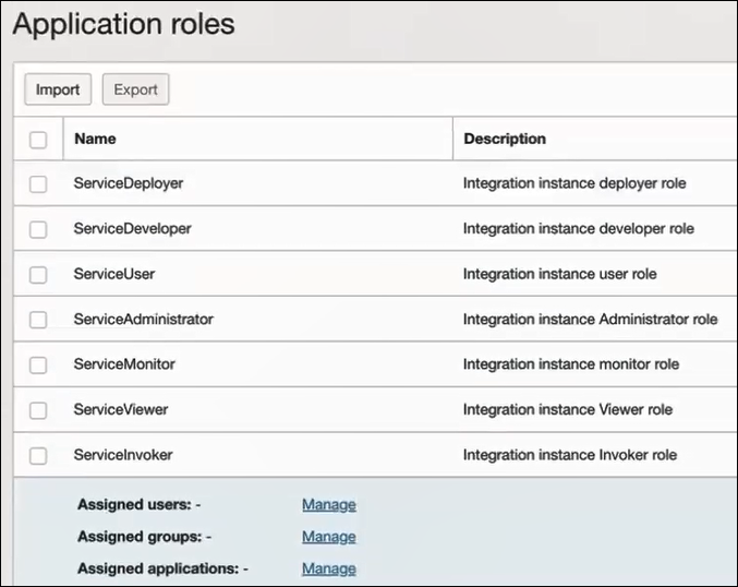 The Application roles dialog shows buttons for Import and Export. Below is a table with a column of check boxes, and additional columns for Name and Description. The Name column lists all Oracle Integration application roles. The ServiceInvoker role is expanded to include entries for Assigned users, Assigned groups, and Assigned applications. Each entry includes a link named Manage.