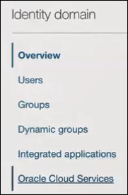 The Identity domain navigation pane shows entries. The Overview option is selected. Below this are selections for Overview, Users, Groups. Dynamic groups, Integrated applications, and Oracle Cloud Services.