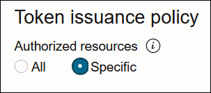 The Token issuance policy section shows a subsection for Authorized resources, which includes selections for All and Specific.