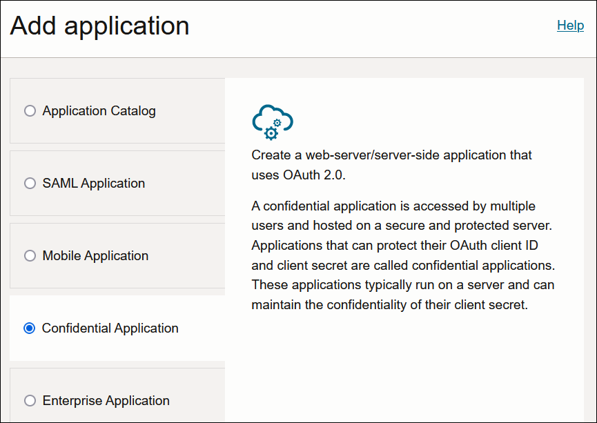 The Add application dialog shows selections for Application Catalog, SAML Application, Mobile Application, Confidential Application, and Enterprise Application.