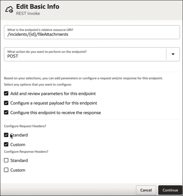 On the Basic Info page, the Standard check box in the Configure Request Headers section is being selected. On the Basic Info page, the Standard check box in the Configure Request Headers section is being selected.