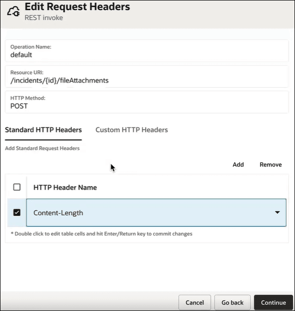 On the Edit Request Headers page, the Standard HTTP Headers tab is selected. Below this, the Content-Length option is selected from the list. On the Edit Request Headers page, the Standard HTTP Headers tab is selected. Below this, the Content-Length option is selected from the list.