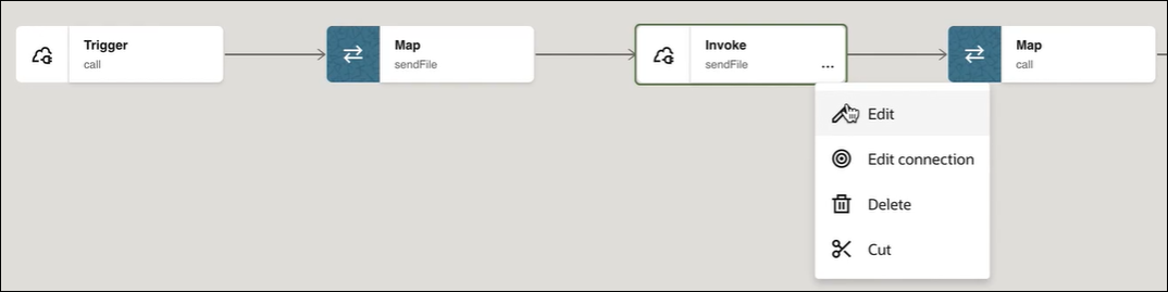 The integration shows a trigger, map, invoke, and map. The actions menu of the invoke is selected to show a menu with several options, including the Edit option at the top.