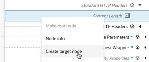 The Content Length target element is right-clicked to show an option for Create target node being selected.