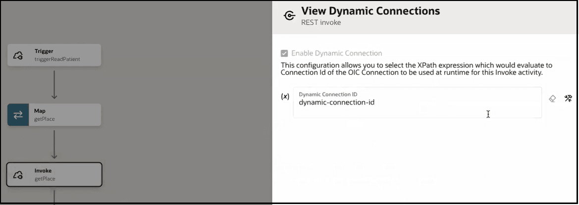 The integration canvas shows a trigger connection, map action, and invoke action. On the right is the View Dynamic Connections page. The Enable Dynamic Connection checkbox is selected. Below this is the Dynamic Connection ID field.
