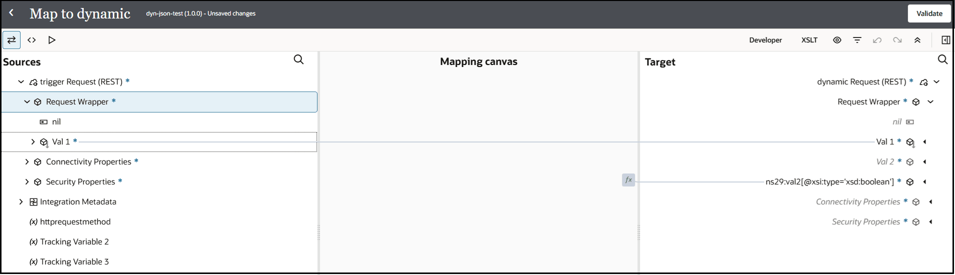 The Sources, Mapping canvas, and Target sections of the mapper are shown. The source val1 to target val1 elements are mapped.