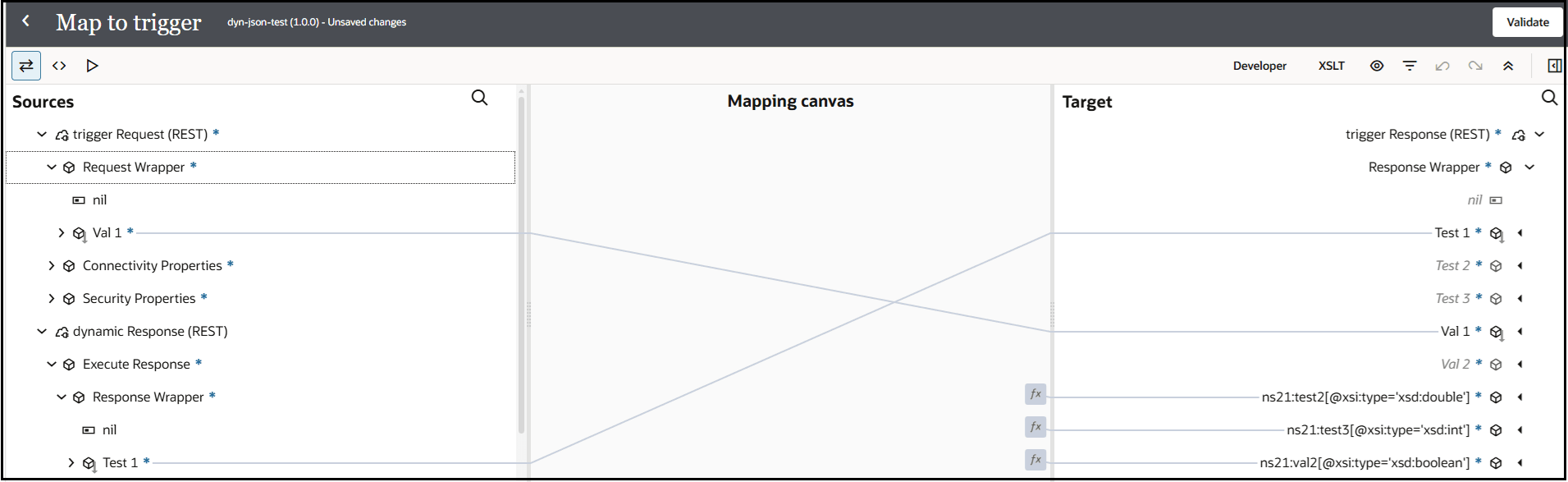 The Sources, Mapping canvas, and Target sections of the mapper are shown. The Val1 and Test1 source elements are mapped to Val1 and Test1 target elements.