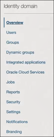 The Identity domain navigation pane shows entries. The Overview option is selected. Below this are selections for Overview, Users, Groups. Dynamic groups, Integrated applications, Oracle Cloud Services, Jobs, Reports, Security, Settings, Notifications, and Branding.