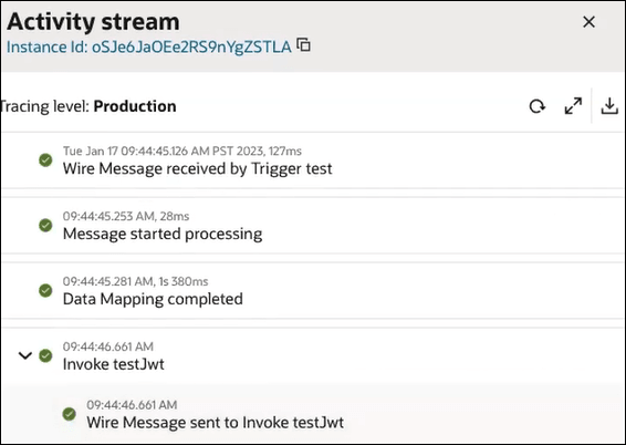 The Activity stream is shown. At the top is the instance ID. To the right are three icons. Below this, the tracing level is set to Production. Below this are the milestones of the integration flow. Each milestone is green, indicating that the integration instance was successful. The Activity stream is shown. At the top is the instance ID. To the right are three icons. Below this, the tracing level is set to Production. Below this are the milestones of the integration flow. Each milestone is green, indicating that the integration instance was successful.