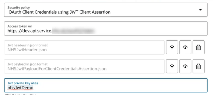The Security policy list shows OAuth Client Credentials using JWT Client Assertion as the selected value. Below is the Access token URL field, the JWT headers in JSON format field, JWT payload in JSON format field, and JWT private key alias field. The Security policy list shows OAuth Client Credentials using JWT Client Assertion as the selected value. Below is the Access token URL field, the JWT headers in JSON format field, JWT payload in JSON format field, and JWT private key alias field.