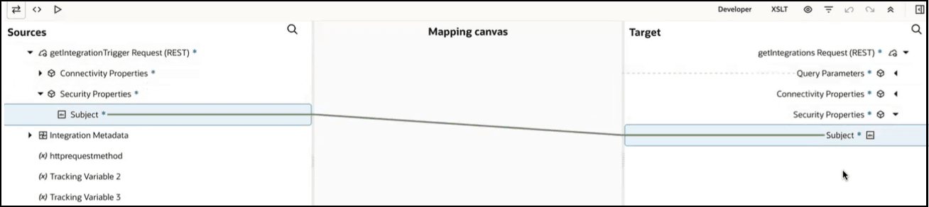The Sources, Mapping canvas, and Target sections are shown. The Sources Security Properties node and Target Security Properties node have been expanded. A Subject element in the Sources section is mapped to a Subject element in the Target section.