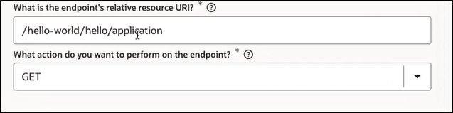 The What is the endpoint's relative resource URL field is shown. Below this is the What action do you want to perform on the endpoint list. The What is the endpoint's relative resource URL field is shown. Below this is the What action do you want to perform on the endpoint list.