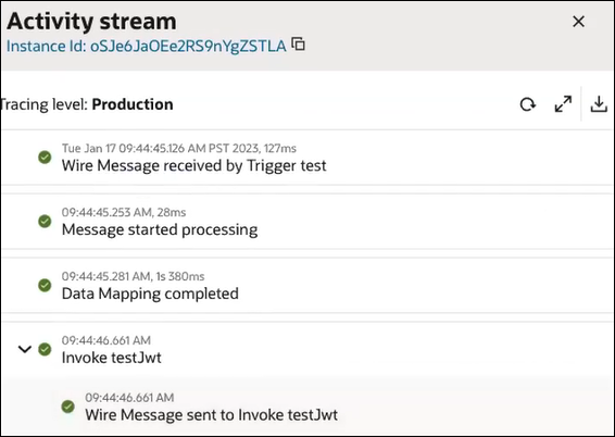 The Activity stream is shown. At the top is the instance ID. To the right are three icons. Below this, the tracing level is set to Production. Below this are the milestones of the integration flow. Each milestone is green, indicating that the integration instance was successful.