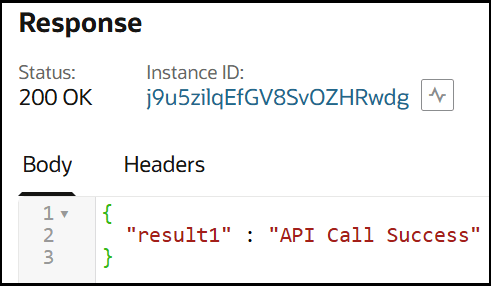 The Response section shows a status of 200 OK, the instance ID, and the Body and Header sections. The header value is "result1" : "API Call Success".