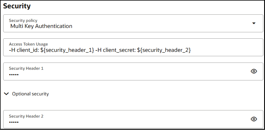 The Security section shows fields for Security policy, Access Token Usage, Security Header 1, and Security Header 2.