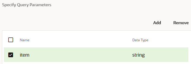 The Specify Query Parameters section is shown. It includes a Detach link, Add (+ sign) link, and Delete (X link). Below this is a table with columns for Name and Data Type.