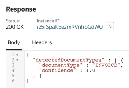 The Response section shows the Status value of 200 OK, the Instance ID, and tabs for Body (which is selected) and Headers. The body code is shown. The Response section shows the Status value of 200 OK, the Instance ID, and tabs for Body (which is selected) and Headers. The body code is shown.