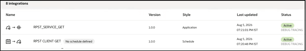 Screenshot of an integrations table showing two active integrations: RPST_SERVICE_GET (version 1.0.0, Application) and RPST CLIENT GET (version 1.0.0, Schedule). Debug tracing is set. The scheduled integration notes “No schedule defined.”