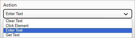 In the Action drop-down list, Enter Text is selected, and other options also appear: Clear Text, Click Element, and Get Text