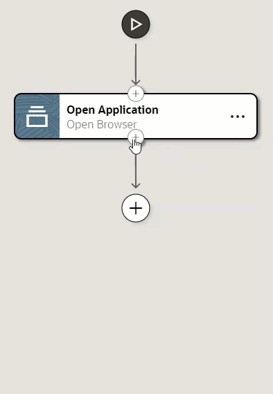 On the canvas, a mouse selects the + button at the bottom of the Open Application action. A menu appears. The mouse selects the Login action. A Login action appears on the canvas