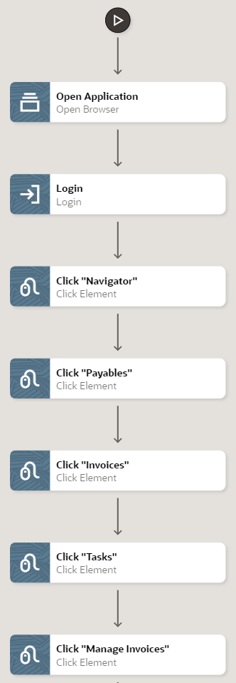 The canvas contains the following actions: Open Application, Login, Click "Navigator," Click "Payables," Click "Invoices," Click "Tasks," and Click "Manage Invoices"