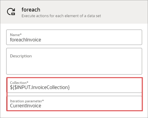 The foreach loop is named foreachInvoice. It's Collection value references the input using the following value: ${$INPUT.InvoiceCollection}. The Iteration parameter value references a variable using the following value: CurrentInvoice.