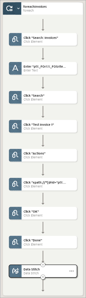 The foreach loop contains many robot actions, including the data stitch action, which is the last action