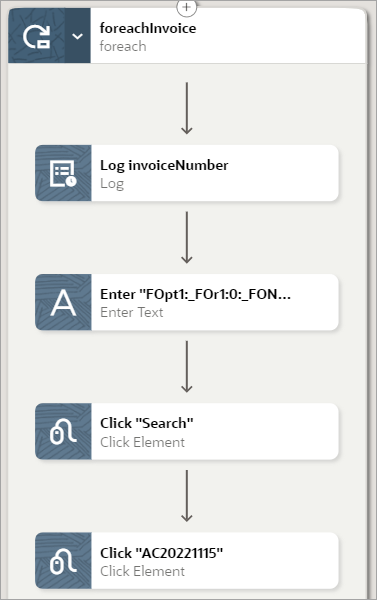 A foreach loop contains the following actions: Log InvoiceNumer, Enter Text, Click "Search," and Click Element