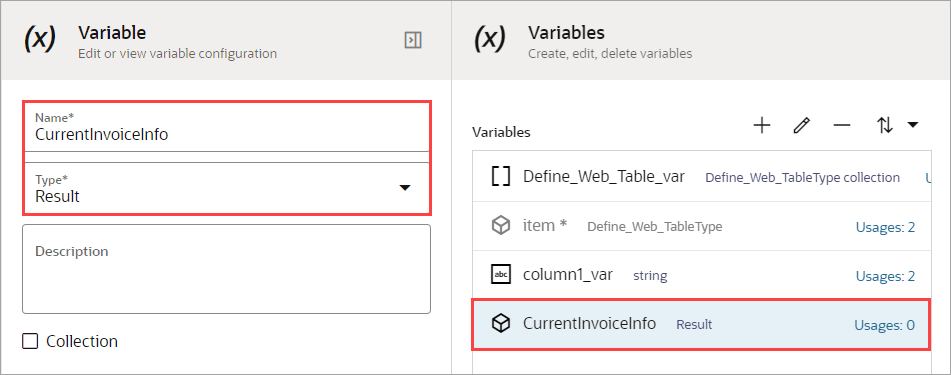 The CurrentInvoiceInfo variable is of the Result data type