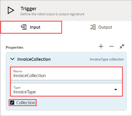 An input named InvoiceCollection is of the InvoiceType data type and is a collection